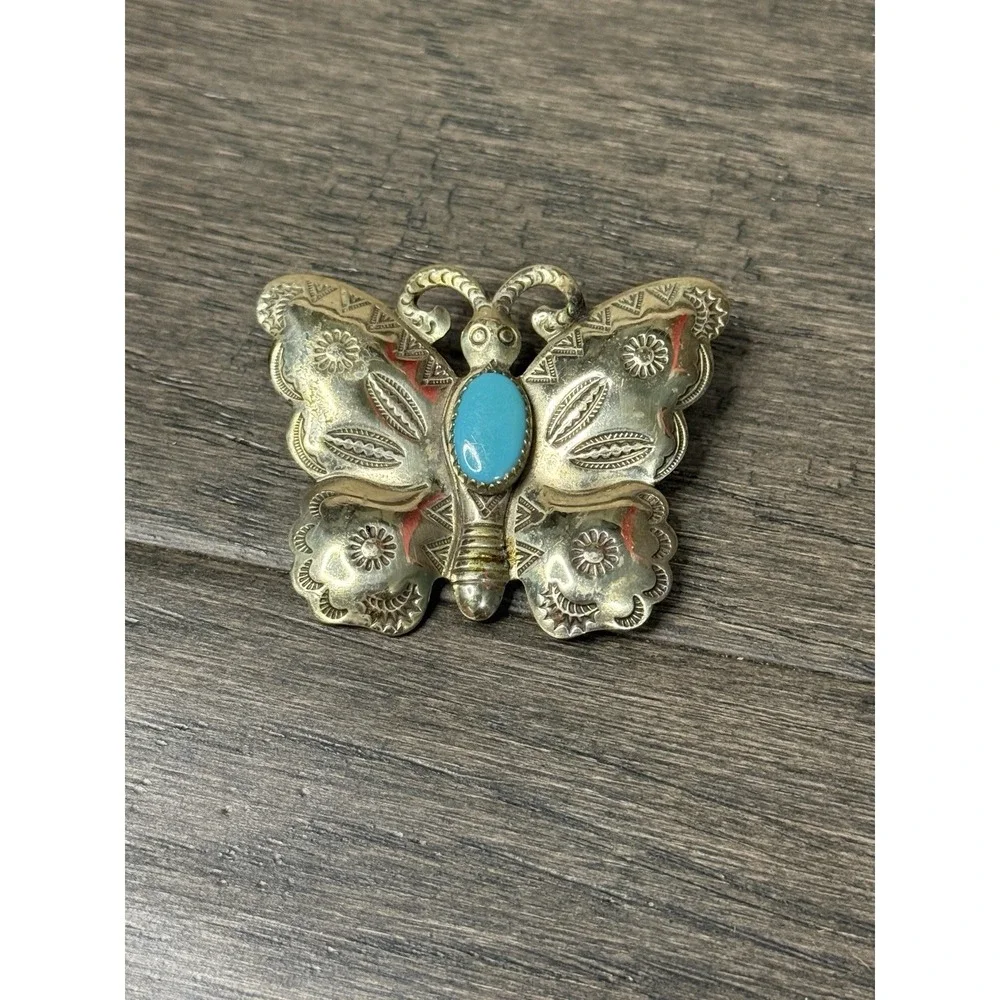 Native American Style Turquoise Butterfly Hearts Brooch Unmarked Vintage